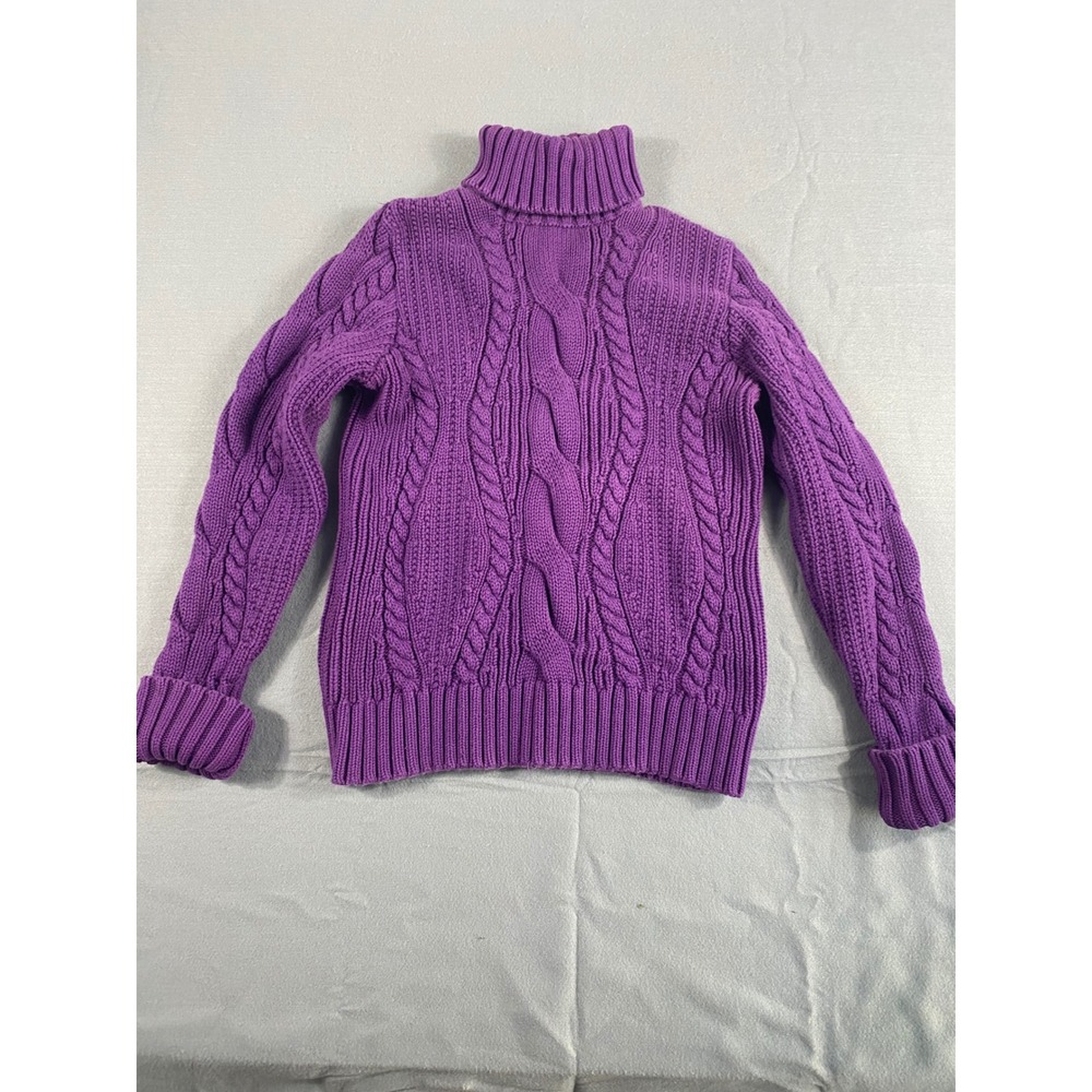 Land's End Knit Sweater M Purple Cotton Cable Knit Turtleneck Pullover Cabincore